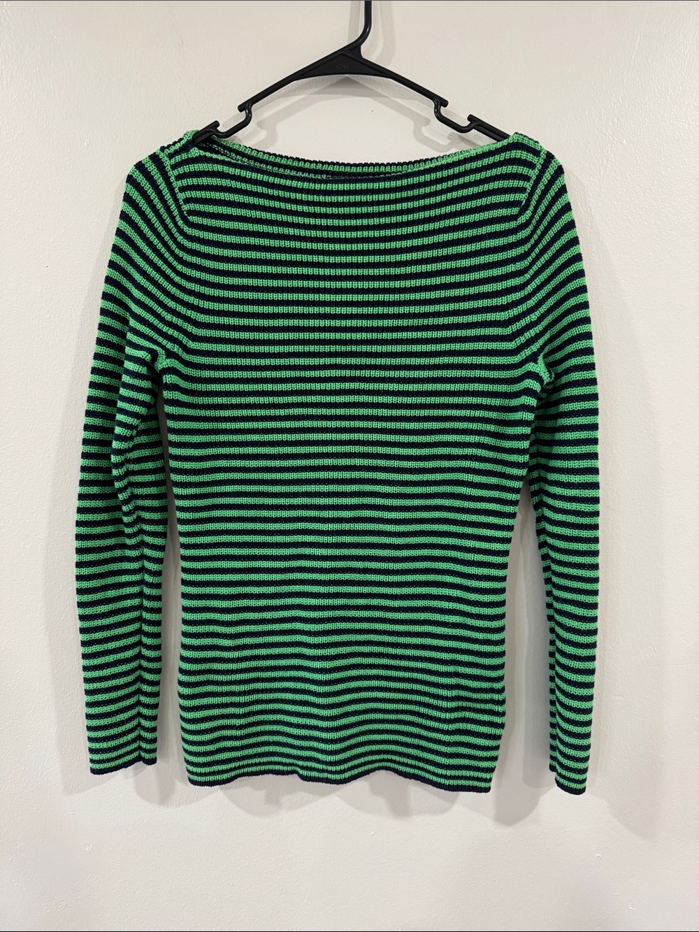 Ralph Lauren women’s Green and Navy Striped Knit cotton Sweater preppy nautical
